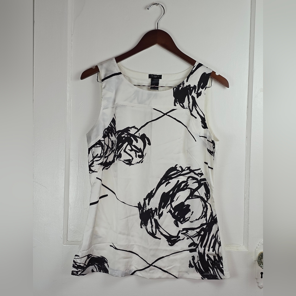 Ann Taylor Factory White Tank Top with Black Abstract Floral Print